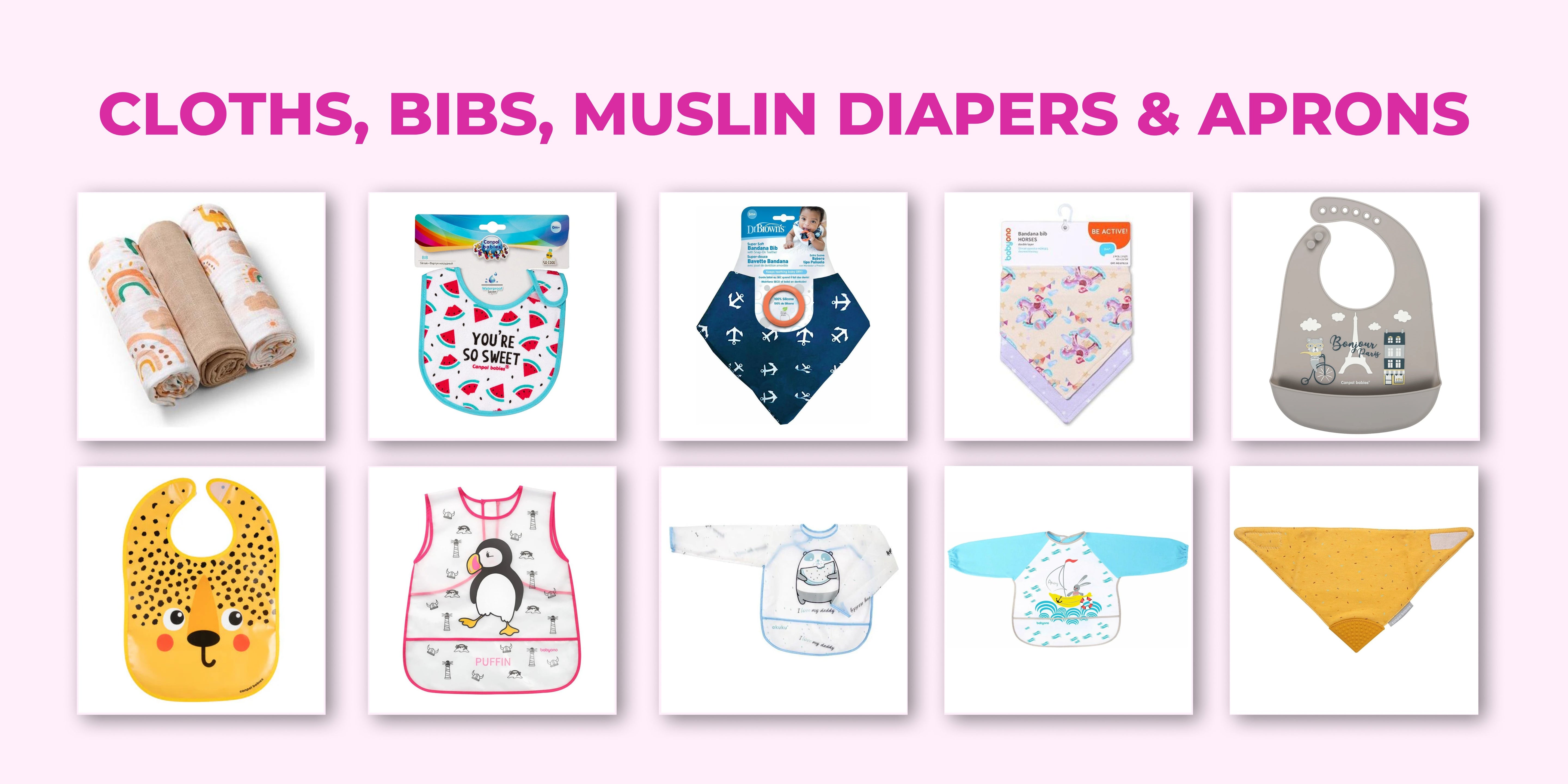 Cloths, bibs, muslin diapers and aprons