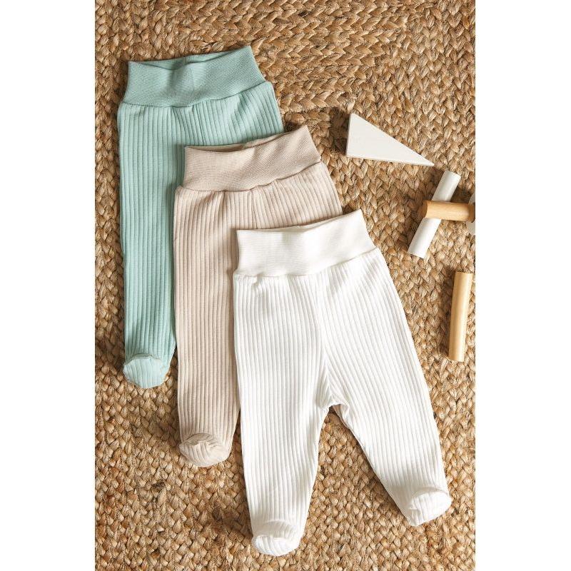 Pantalon côtelé pour prématurés Lilly Bean avec pieds - Lot de 3 - Neutre avec menthe