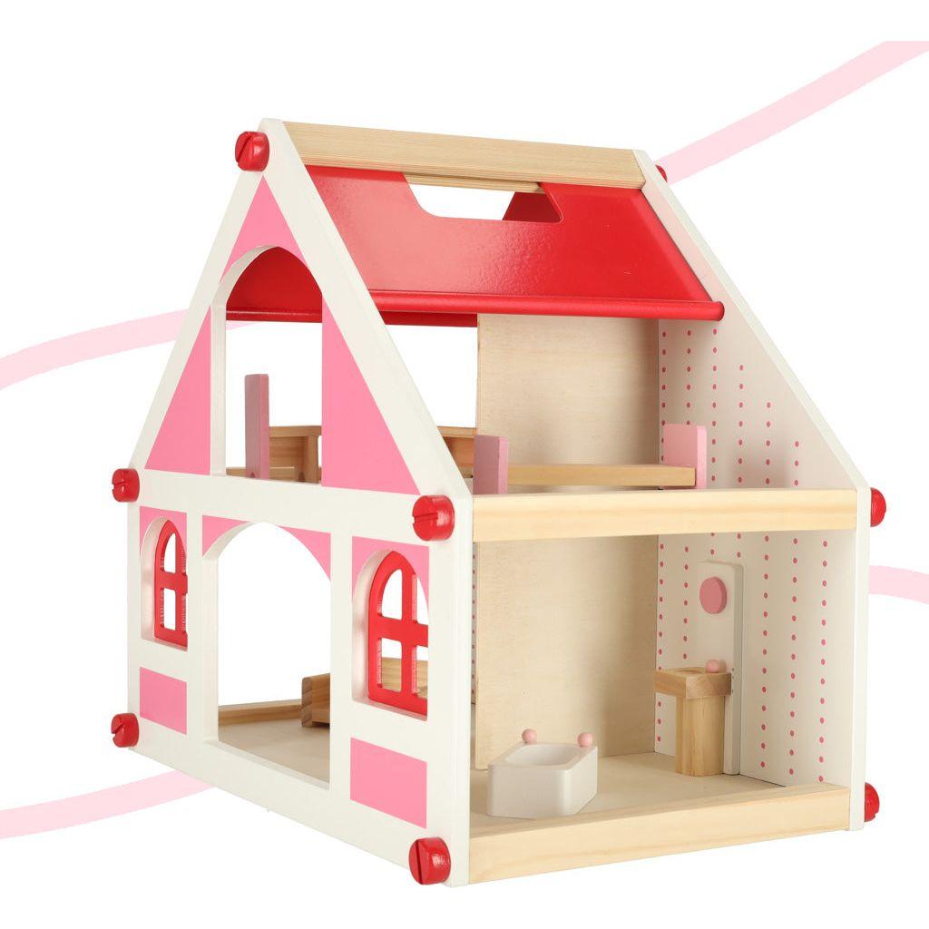 Montessori Stijl Roze Houten Poppenhuis 36 cm