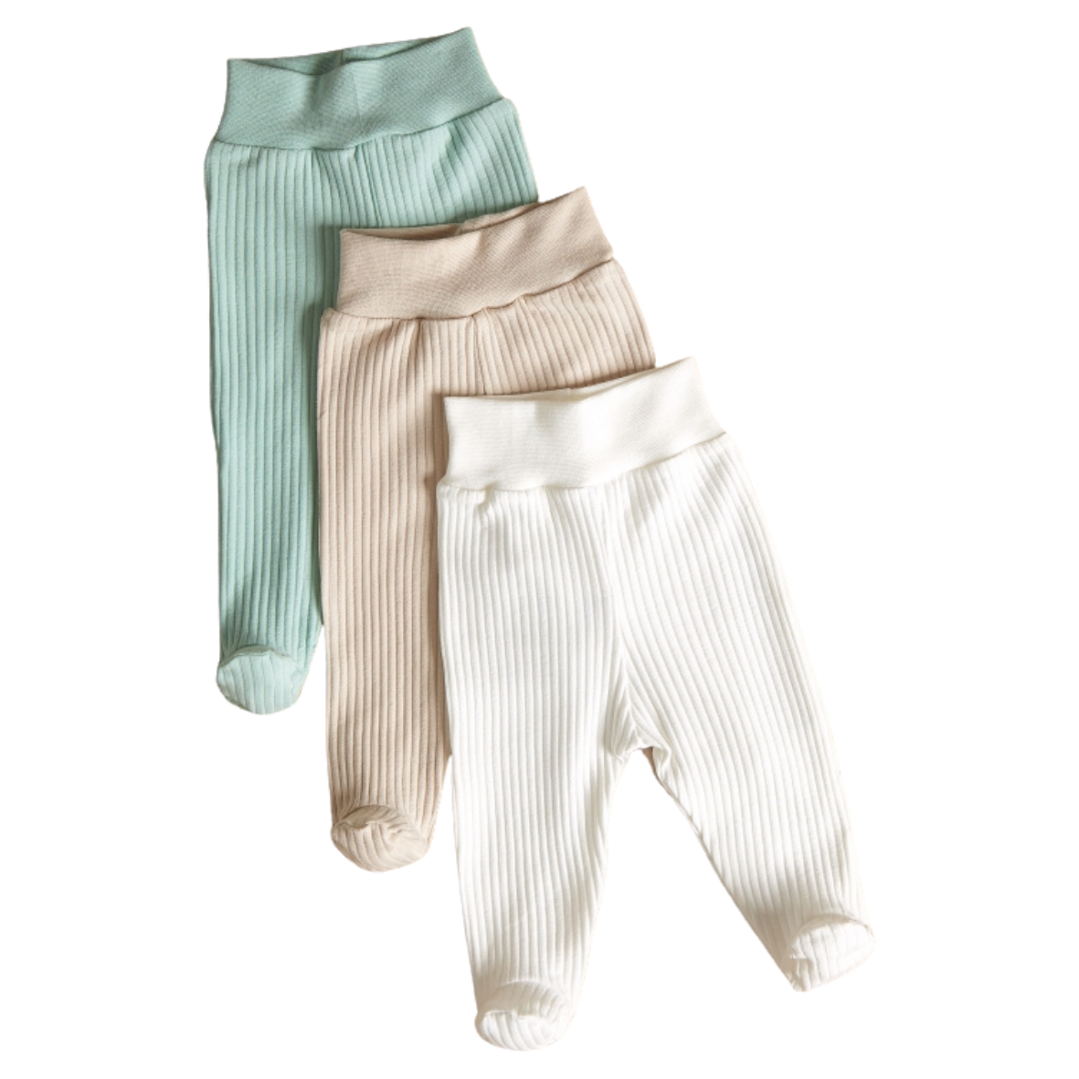 Pantalon côtelé pour prématurés Lilly Bean avec pieds - Lot de 3 - Neutre avec menthe