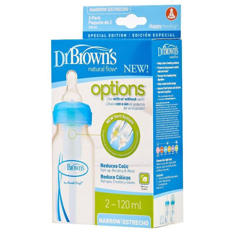 Dodger Blue Dr Brown's Anti-colic Options+ Narrow Bottle 120 ml 2 Pack - 2 Colours